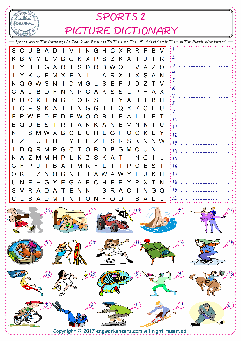  For kids, check the picture of Sports find, and write the word and find it in the word puzzle ESL printable worksheet. 